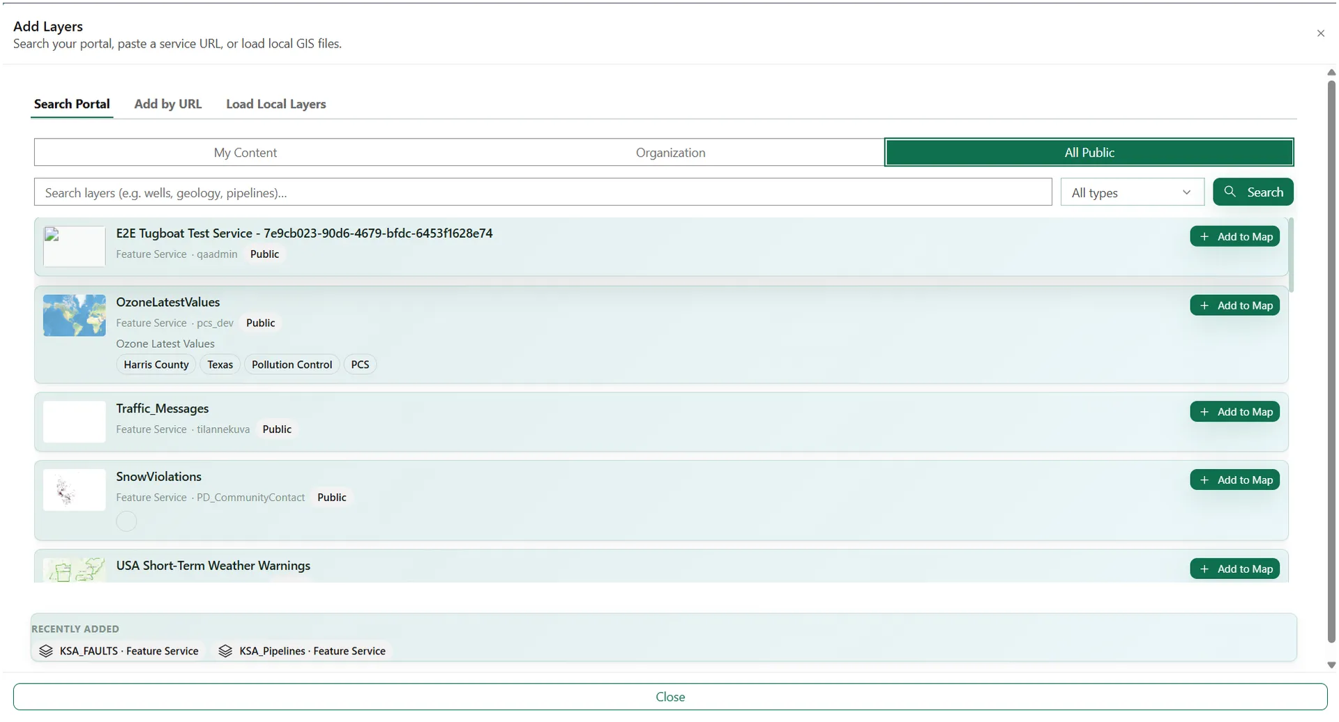 Plato GIS portal layer search and add workflow.